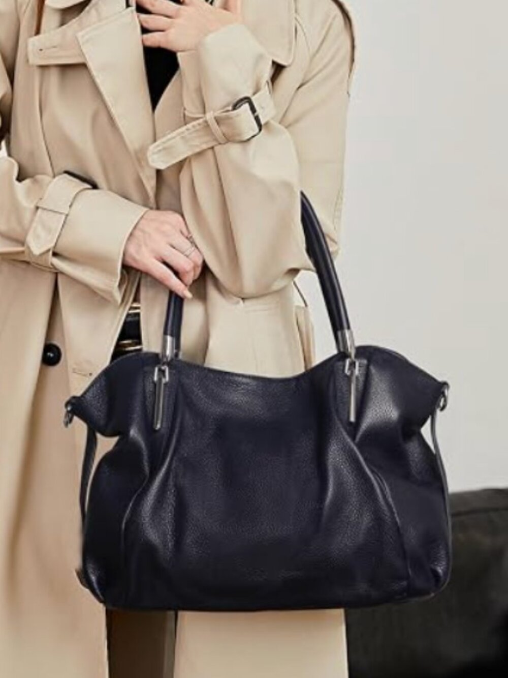 HESHE Genuine Leather Navy Blue Tote Shoulder Bag Satchel Hobo Crossbody